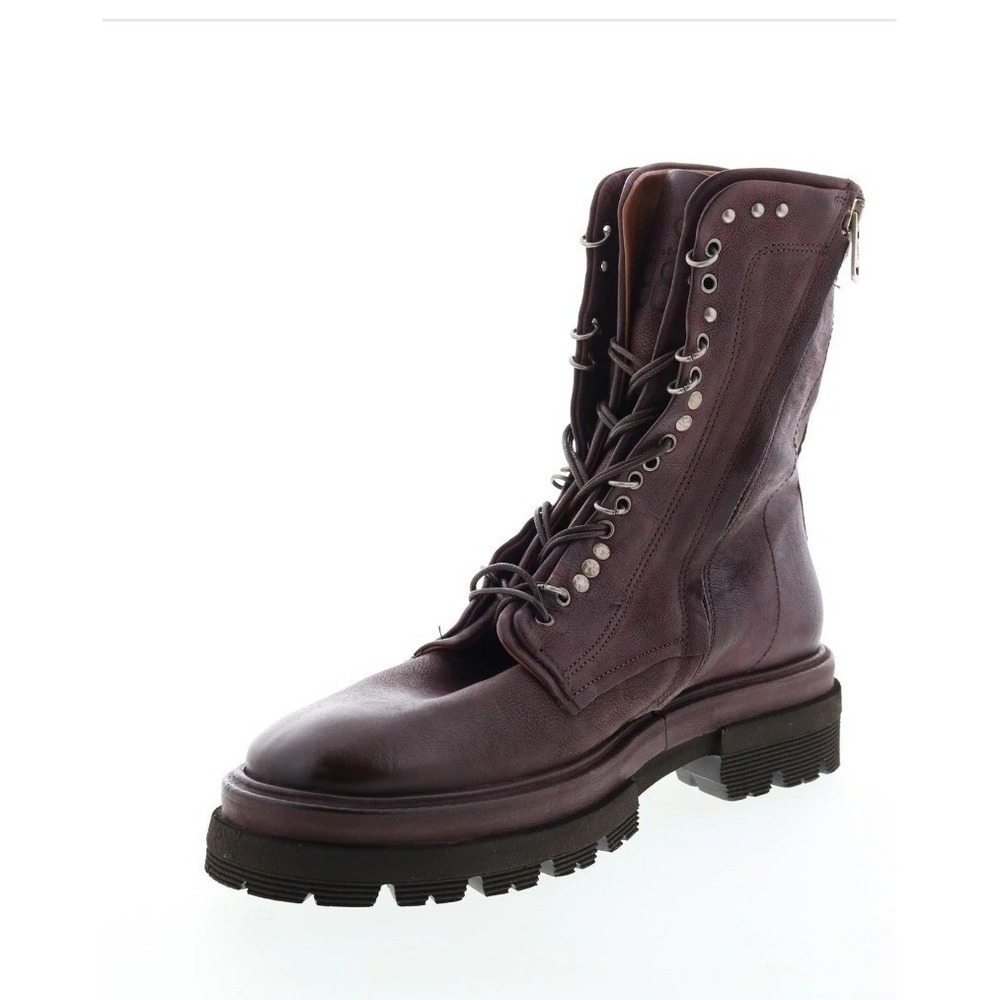 AS98 Burgundy Hubie Leather Studded Lace Up Side Zip Lug Sole Combat Boots